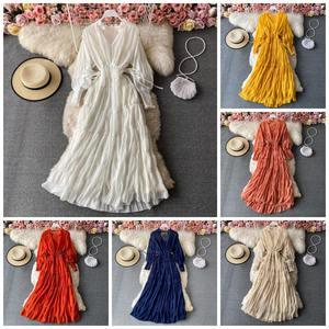 Vestido de gasa con cuello en V New Seaside Holiday Dessert Falda larga de columpio grande Tailandia Travel <span class=keywords><strong>Bali</strong></span> Beach Falda Mujer - Product Image 4