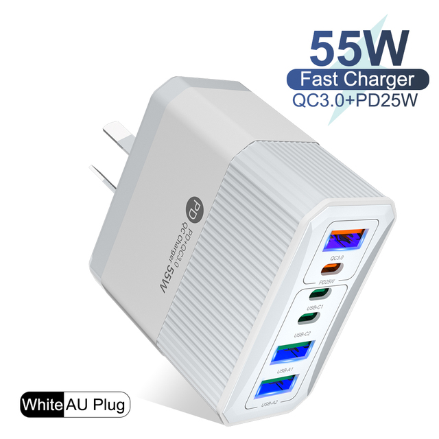 Phone Charger Portable 55W EU US UK Plug 6 Ports QC3.0 USB Wall Charger PD25W Fast Charger Adapters for Smartphones