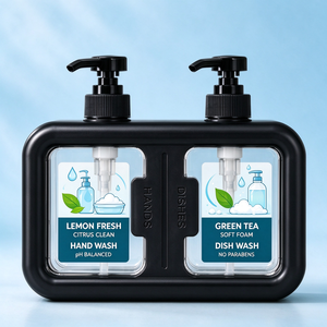 Dispensador de Jabón Líquido de Doble Cámara Negro, Botella de Plástico con Bomba para Lavado de Manos y Platos, con Soporte de Almacenamiento para Hotel - Product Image 2