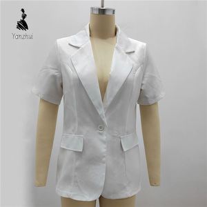 YZ サマー レディース 半袖 シングルボタン ブレザーコート スリムフィット オフィスレディー スモールスーツジャケット - Product Image 6