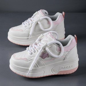 Baskets compensées pour femmes à plateforme, bout rond, en PU, semelle extérieure en caoutchouc, à lacets, rehaussantes, toutes saisons, blanc rose - Product Image 2