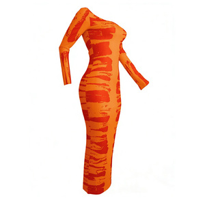 Nuevo Vestido Midi Casual Elegante Estampado Elástico Bodycon de Manga Larga para Mujer, Colección Primavera 2026, Color Naranja Quemado - Product Image 6