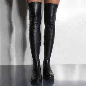 Venta al por mayor de Skintight de la PU del dedo del pie redondo lado <span class=keywords><strong>media</strong></span> cremallera largo Sexy <span class=keywords><strong>muslo</strong></span> alta botas de tacón bajo de gran tamaño 43 sobre la rodilla de alta zapatos - Product Image 2