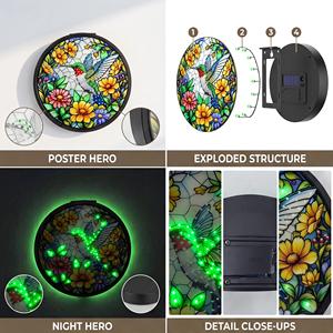 Lampe murale solaire en verre teinté en forme de colibri, lampe murale LED florale ronde pour l'extérieur, décoration de jardin, patio, clôture - Product Image 3