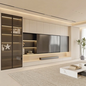 Современный простой деревянный телевизионный шкаф-тумба, складной, со встроенным настенным стеллажом для хранения и винной полкой, для гостиной в стиле фермерского дома или дома. - Product Image 2