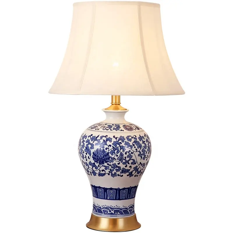 Hot sale Modern blue and white hotel home porcelain ceramics fabric shade table lamp