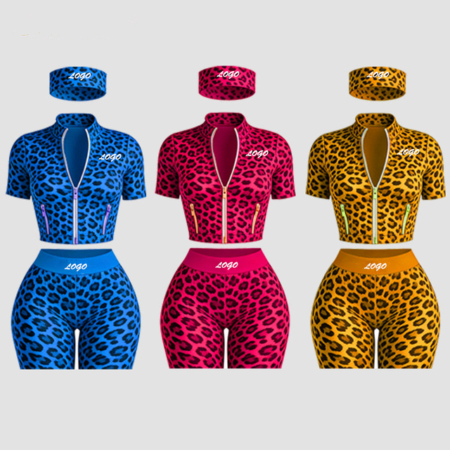 Custom Cheetah Print Workout Sets for Women High Quality Butt Lift Shorts Yoga Jacket Gold Zipper Activewear Manufacturers