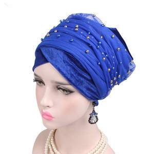 N880 Jolie perle velours Turban casquettes écharpe africaine chapeaux de <span class=keywords><strong>chimio</strong></span> doux chignon chapeau bandeau musulman bonnet bonnet bandanas - Product Image 3