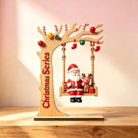 Décoration de table de Noël, Père Noël sur balançoire, ornement en bois en forme de croissant de lune avec arbre et cadeaux, décoration de maison pour les fêtes