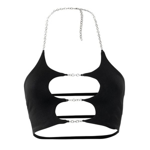 Oem logotipo personalizado poliéster color sólido metal <span class=keywords><strong>tirantes</strong></span> ahueca hacia fuera agujero abierto sexy club nocturno fiesta mujeres sujetador tops - Product Image 4
