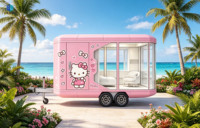 Maison mobile sur roues, design moderne, structure en acier, style rose, caravane préfabriquée, mur en verre, maison portable pour la plage