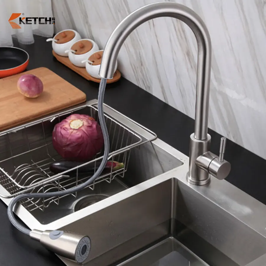 Deck Mounted Pull Out Kitchen Faucet Kitchen Sink Faucets Sus304 Stainless Steel Kitchen Mixer