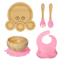 Ensemble d'alimentation pour bébé en silicone et bambou, assiette à dîner à motif animalier, bol à ventouse et bavoir, bol d'alimentation facile à nettoyer, assiette pour bébé en bambou à motif animalier