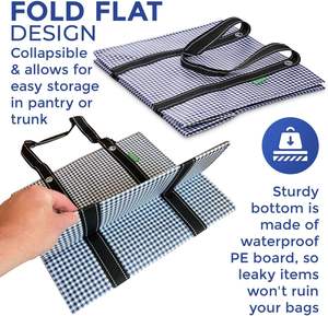 Creative Green Life Paquete de 3 bolsas de comestibles reutilizables de alta resistencia Asas fuertes de fondo duro a cuadros azules Compras plegables - Product Image 4