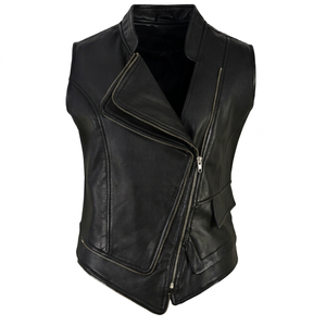 <b>Womens</b> Black Asymmetrical Zip Genuine Leather Biker Vest Sleeveless Motorcycle <b>Waistcoat</b> Streetwear Animal Print Gothic Punk - Product Image 1
