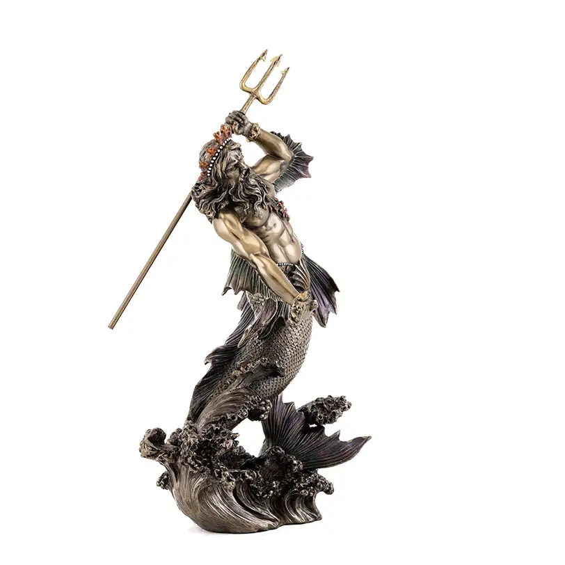 Poseidon Holding Trident Standbeeld En Paarden Sculptuur In Premium Koud Gegoten Brons