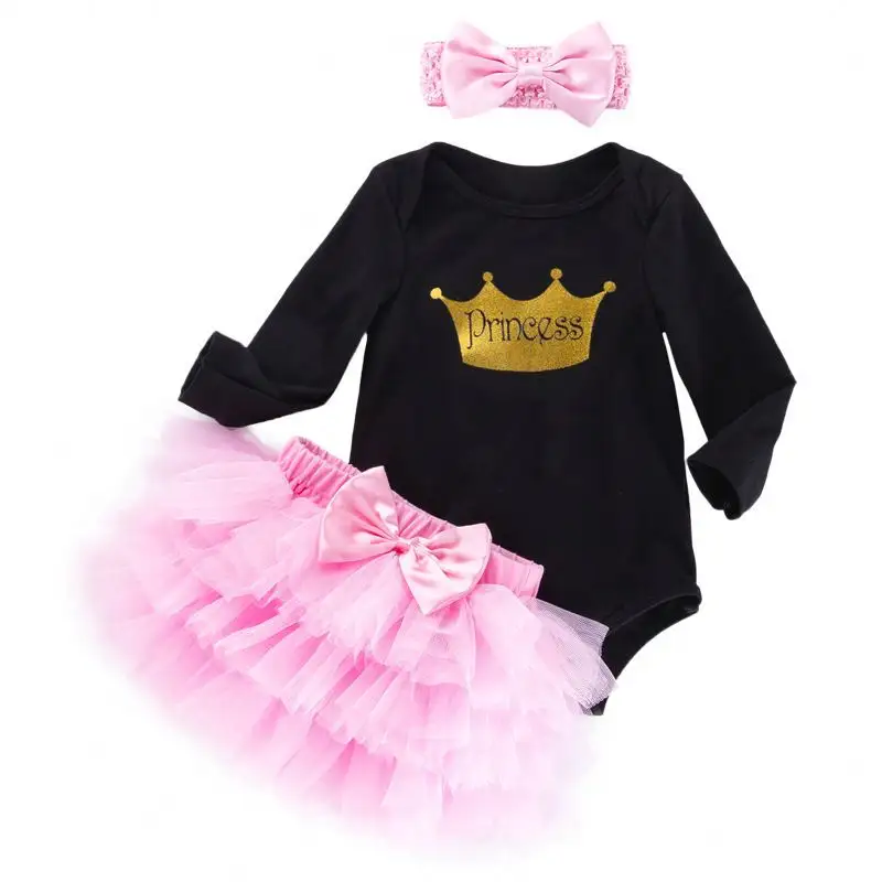 Conjunto de roupas de primeiro aniversário para bebês meninas, macacão TuTu de manga comprida com laço rosa e saia, 3 unidades