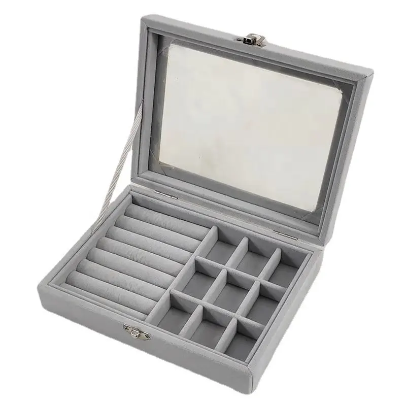 보석 보관함 절묘한 작은 flannelette 단층 잠금 보석 상자 뚜껑이있는 유리 방진 보석 상자