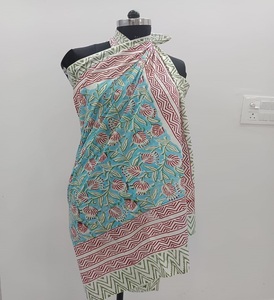 Summer Beach Pareo Golden Silk Border <b>Sarong</b> Handmade Cotton Scarf with Bagru Print Unique Gift for Her - Product Image 2