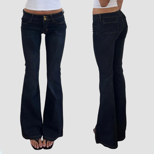Pantalones Casuales Acampanados Elásticos Versátiles de Estilo Urbano Ins, Azul Oscuro, de Cintura Baja, Ajustados y Favorecedores, con Bolsillos, para Chicas Modernas - Product Image 1