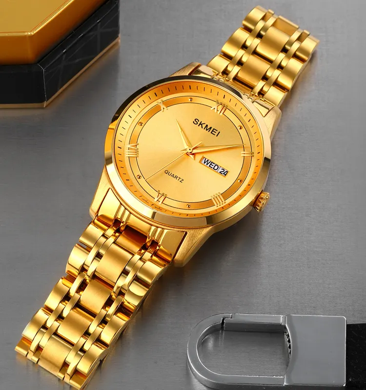 Skmei 1870 trendy 30m water resistant calendar luxury watch stainless steel original watches brand men wrist gold