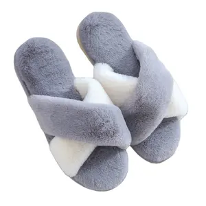 Special offer plush slippers for women Luxury rabbit fur open-toe plush indoor outdoor Manufacturers customized plush slippers