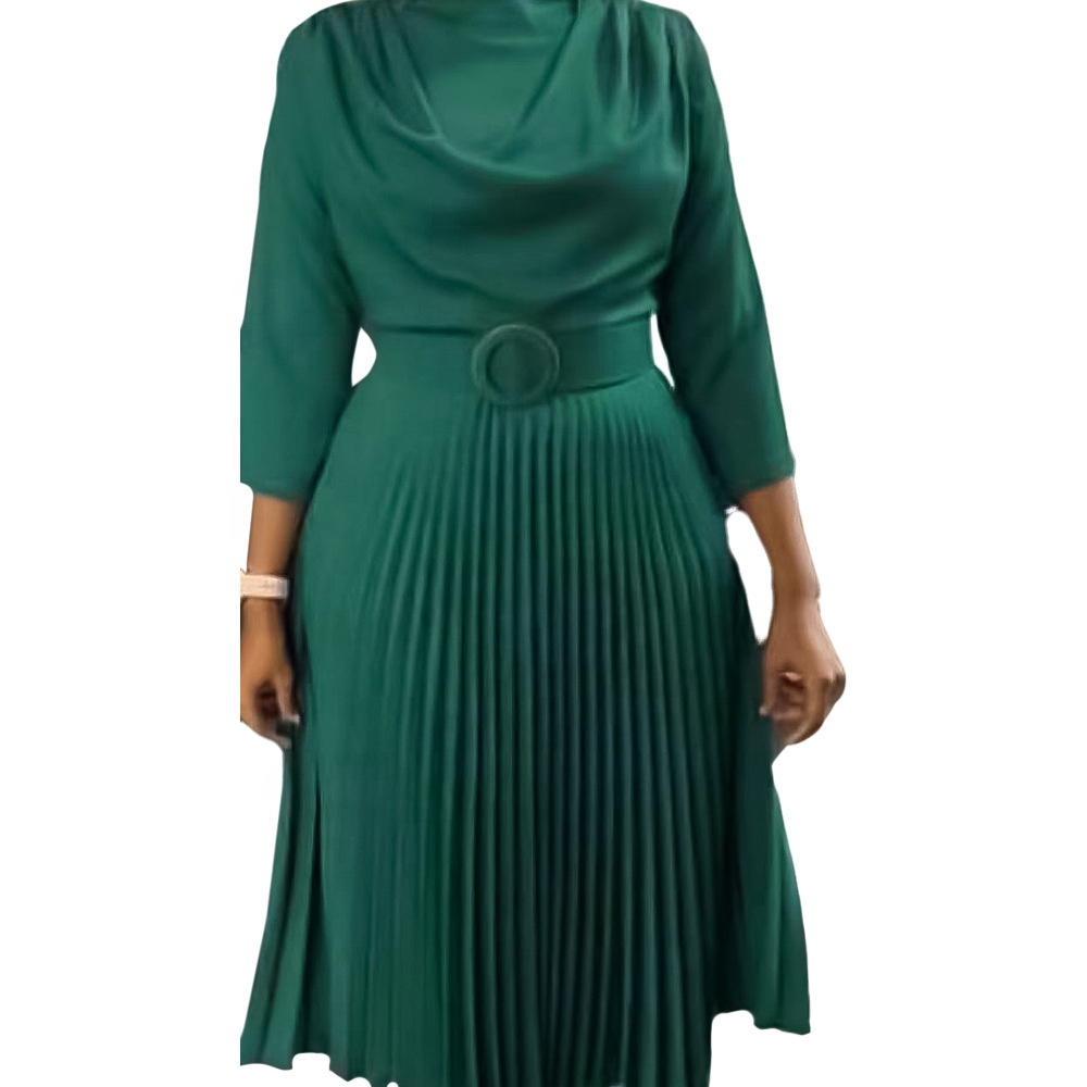 Elegant Plus Size Autumn Dress for Women - Solid Color Pleated Midi with  Belt & V-neck, Perfect for Office & Latest African Style