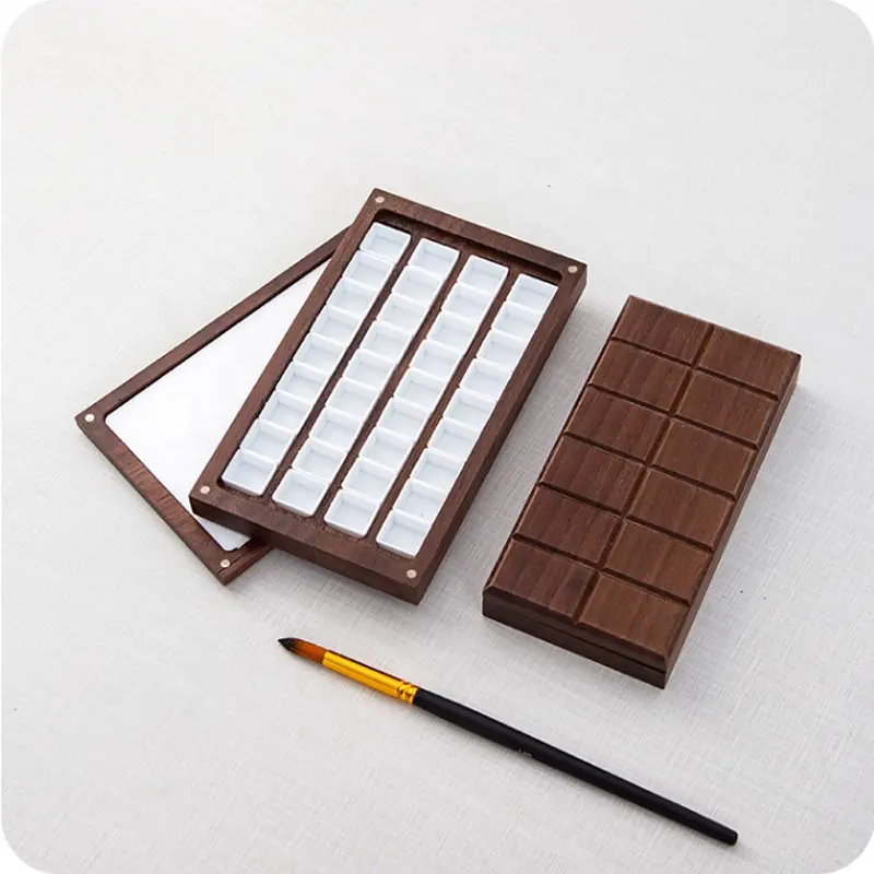 High Quality Walnut Wooden Watercolor Paint Palette Box 24 Grids Empty Storage Watercolor Kit Palette Tray for Paint Saver