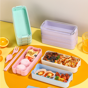 Creative Wheat Straw Three-layer Student Lunch Box Outdoor Picnic Storage Box Japanese Bento Box
