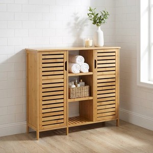 Grande Mobiletto da <span class=keywords><strong>Bagno</strong></span> in Bambù con Doppie Ante a Doghe, Organizzatore a 3 Colonne per Asciugamani e Decorazioni - Product Image 2