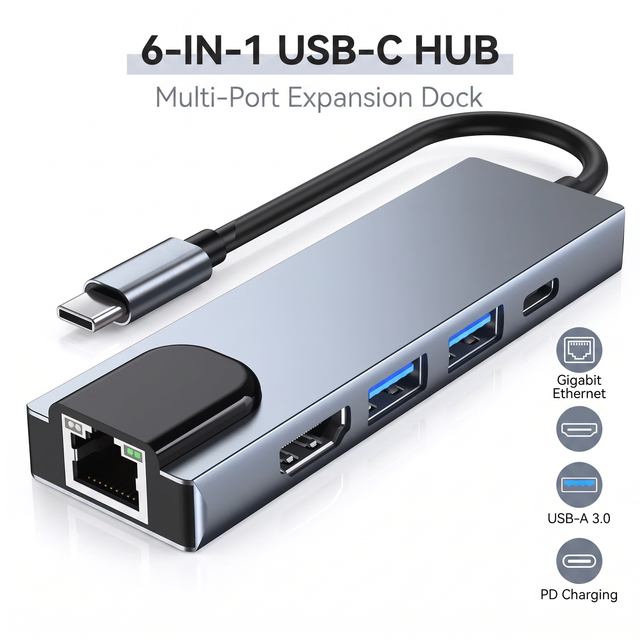 5-in-1 USB C Hub Ethernet RJ45 Type C Docking Station IOS HP Dell Lenovo Laptop Best Price HDTV USB 3.0 Charging PD