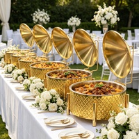 Chafing Dish Mewah 9L Warna Emas, Wadah Sajian Bundar untuk Prasmanan, Penghangat Makanan, Peralatan Sajian untuk Grosir, Hotel, Pernikahan, dan Katering