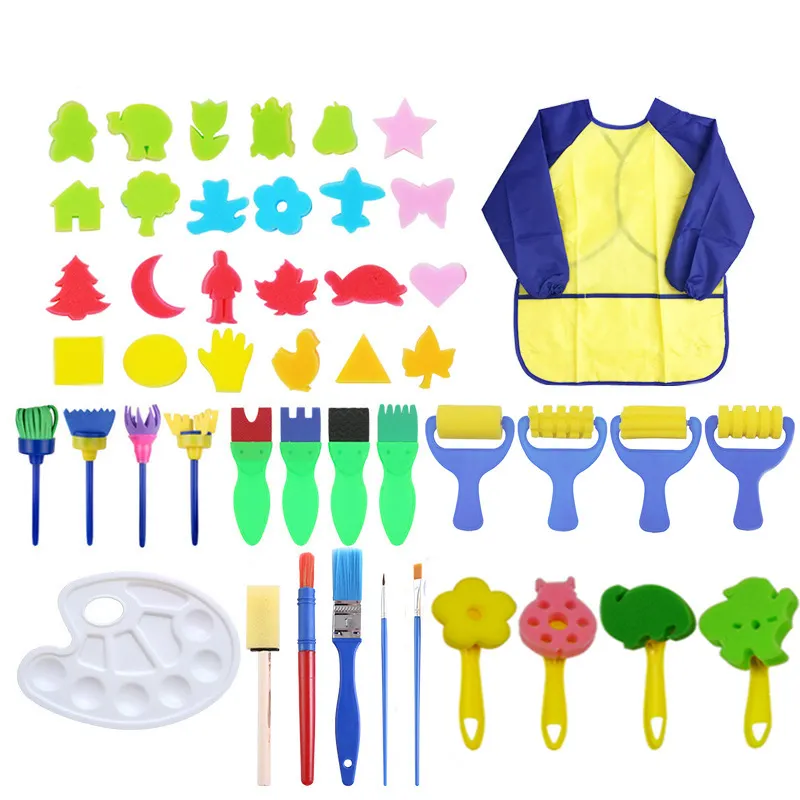 Kit de 47 pinceles de pintura de esponja de aprendizaje temprano para niños pequeños patrón surtido delantal de pintura de arte impermeable