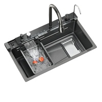 Évier de cuisine professionnel en acier inoxydable 304 PVD noir, cuve unique profonde, cascade, commande tactile intelligente, filtre anti-débris