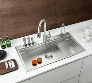 Fregadero de cocina satinado cepillado 860x520mm de un solo tazón de acero inoxidable SUS304 con purificador extraíble, soporte para cuchillos, de empotrar, incluye grifo - Product Image 3