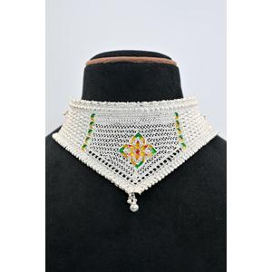 Ethnic 925 <b>Silver</b> Plaster Chokar Set Necklace With Flower Design For Women Wedding Style Beaded Jewelry - Product Image 1
