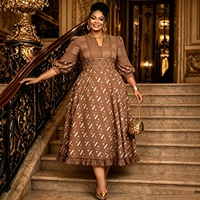Robe Midi Empire Taille Plus pour Femme, Motif Géométrique Imprimé, Kaftan Abaya Africain en Polyester, Commande en Gros 2026