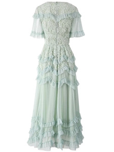 Abito <span class=keywords><strong>lungo</strong></span> XXL 2025 primavera estate festa di nozze signore Sexy <span class=keywords><strong>Tulle</strong></span> pizzo <span class=keywords><strong>con</strong></span> perline a manica corta verde maglia lunga Maxi abito abito - Product Image 2