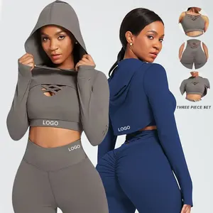 Conjunto de roupas fitness para academia em casa, casaco slim fit para mulheres, sutiã esportivo personalizado para ioga, conjunto de manga comprida com capuz e legging