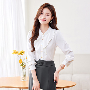 White Ruffled Blouse Women Chiffon Long Sleeve Solid Color Work Shirt Professional Office Wear Spring Autumn Style - Product Image 1