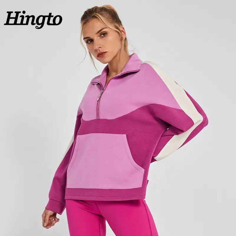 Colour block custom womens fitness clothing oversized pullover hoodies sports sweatshirts for women