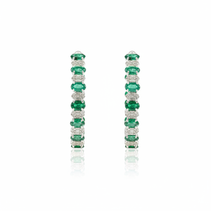 Boucles d'oreilles créoles tendance en or blanc massif 18 carats, serties d'émeraudes et de diamants 100 % naturels, faites à la main, pierre de naissance de mai, idéales pour mariage et soirée – Meilleures ventes - Product Image 1
