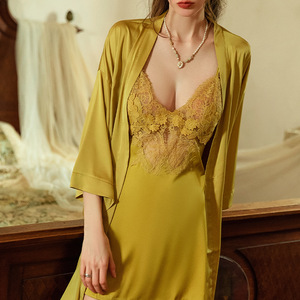 Lingerie Autumn Winter New Lace Strap Nightdress Women Satin <b>Sexy</b> Deep V Split Nightgown Homewear <b>Set</b> - Product Image 5