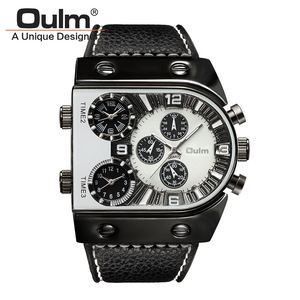 OULM-Reloj de pulsera de cuarzo para hombre, cronógrafo deportivo con correa de cuero, 3 zonas horarias, color negro, 9315 - Product Image 3