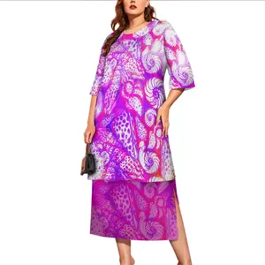Hawaii Style Sea Shells Starfish Design Custom Long Maxi Skirts 2 Set Dress Women's Plus Size O-neck 2/3 Sleeve Dresses