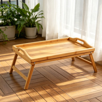 Plateau de lit pliable en bambou avec pieds, portable, pour servir les repas et les collations, idéal pour manger et travailler - Assiettes incluses