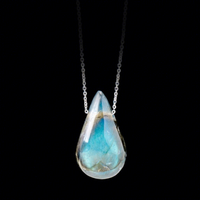Pendentif Goutte d'Eau en Cristal Naturel de Labradorite, Pierre Brute Polie, Thème Nature, Chaîne Clavicule, Bijou Charme, Cadeau