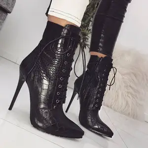 Botines Mujer Tacon de encaje de cuero de la PU de Color negro de invierno y otoño alto tacón de aguja señoras tobillo botas de Mujer zapatos