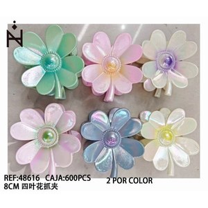 Fermaglio per capelli a forma di quadrifoglio da 8 cm per donne e ragazze con petali iridescenti, 2 per colore, scatola da 600 pezzi - Product Image 1