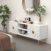 Meuble TV blanc de style Mid-Century Modern avec portes à motifs géométriques et finitions dorées, console multimédia de 60 pouces, logo personnalisé en marque blanche